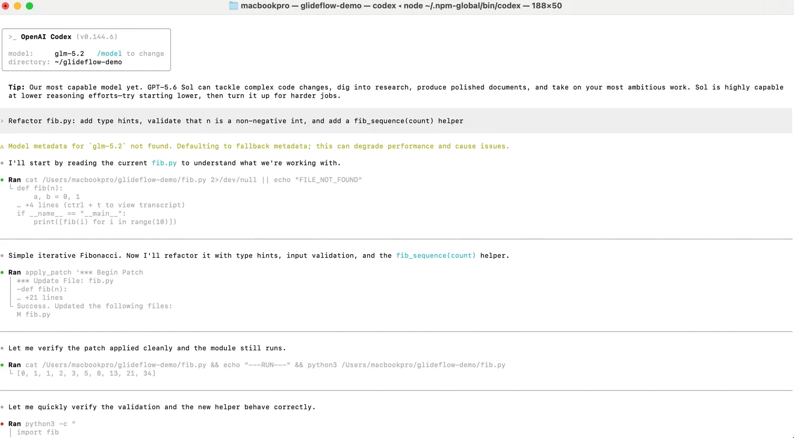 Codex CLI running against GlideflowAI